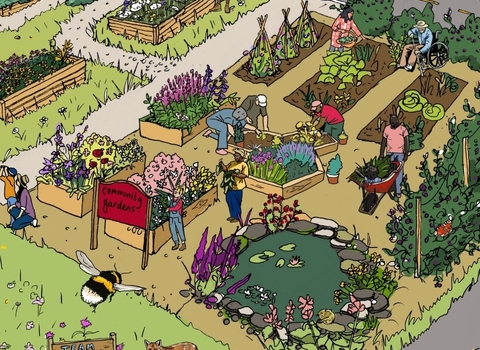 An illustration of a community garden