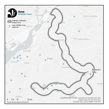 A map of the West of England showing the area covered by the Pollinator Pathways project