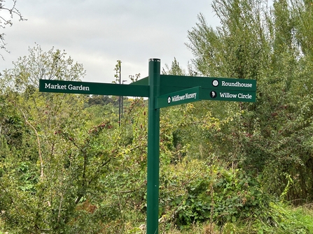 A green waymarker sign at Grow Wilder